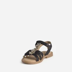 Sandale marine cuir velours fleurs dorées