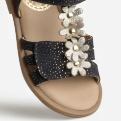 Sandale marine cuir velours fleurs dorées