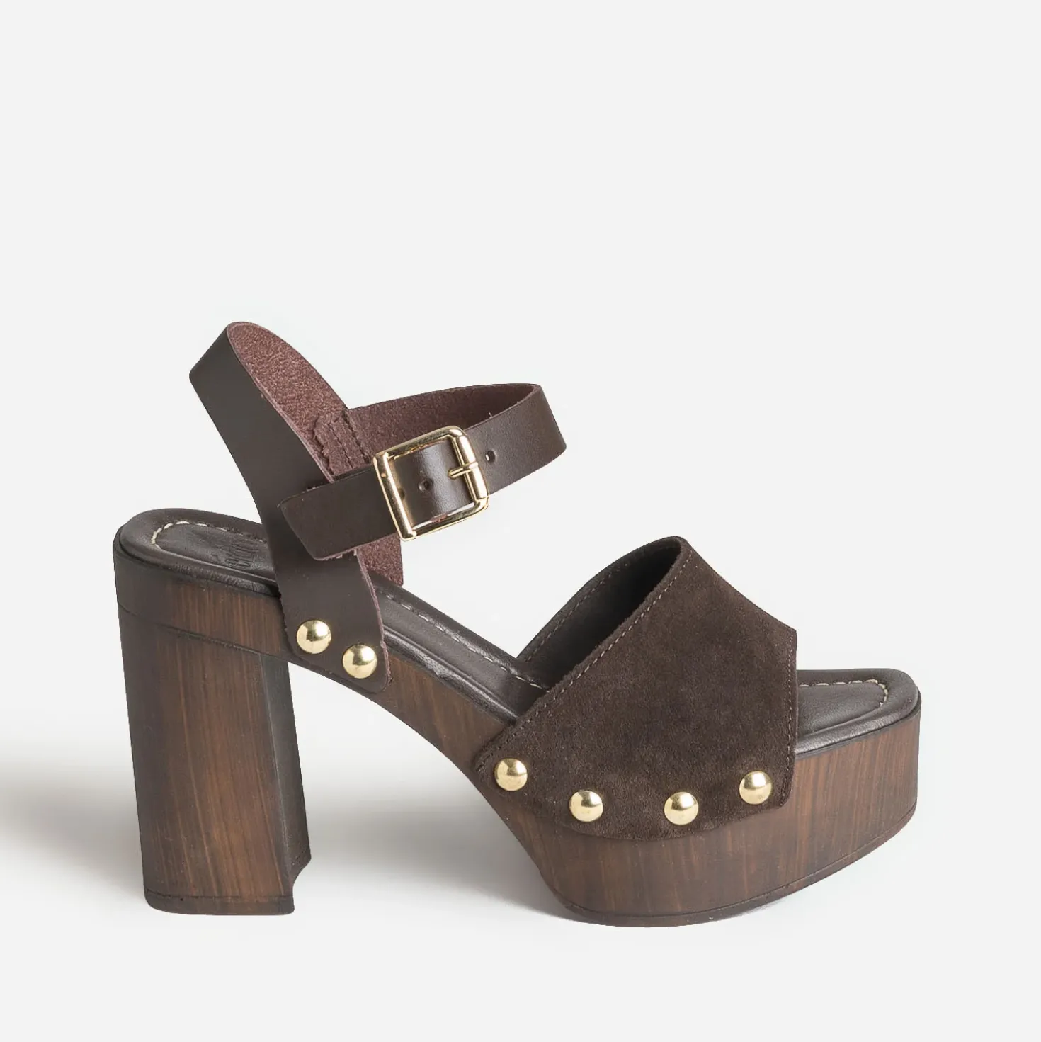 Sandale marron cuir velours talon effet bois