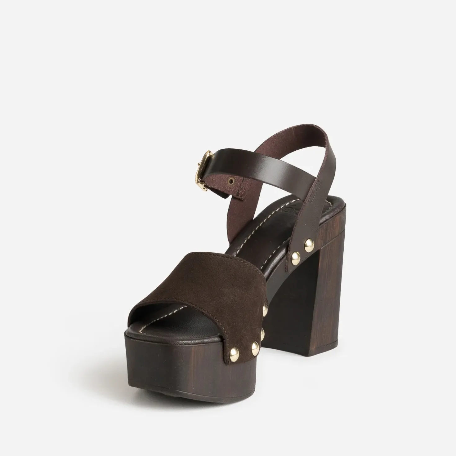 Sandale marron cuir velours talon effet bois