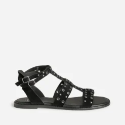 Sandale noire cuir velours œillets et clous