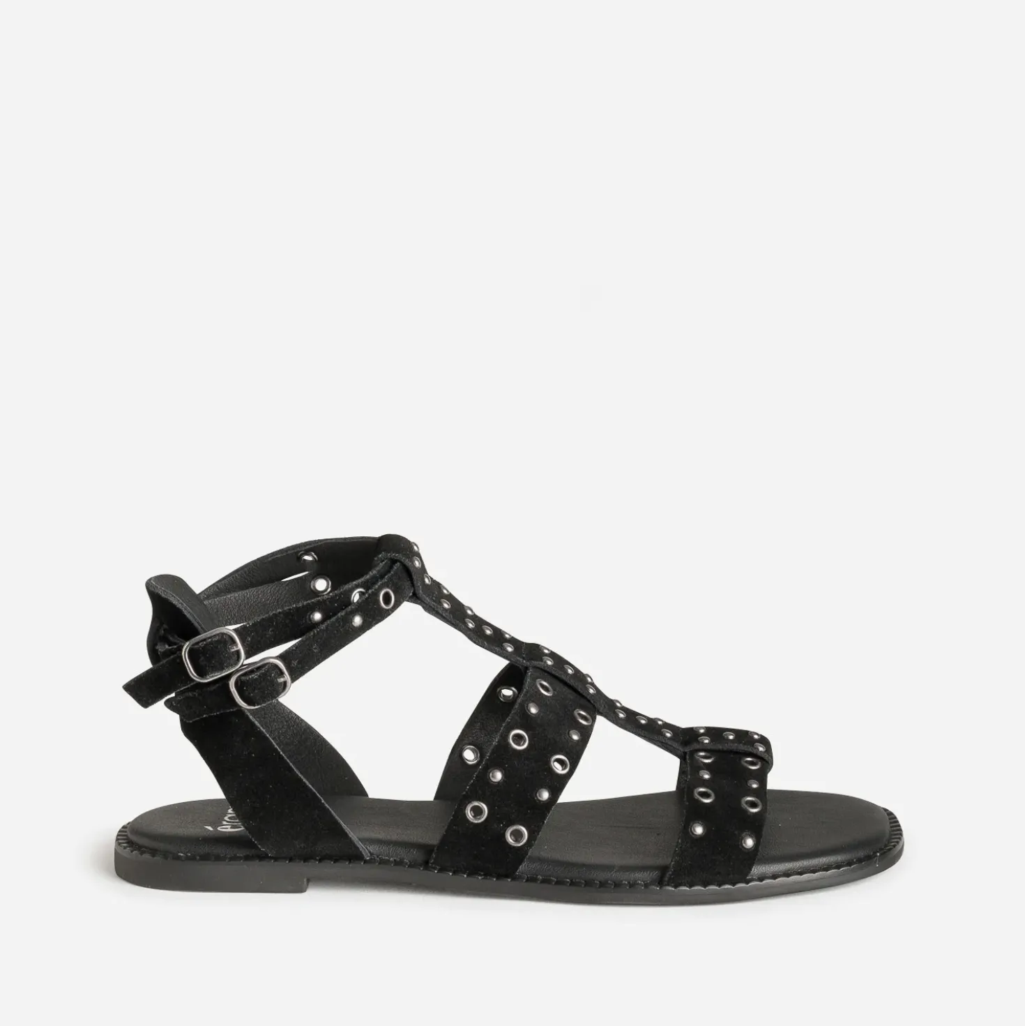 Sandale noire cuir velours œillets et clous