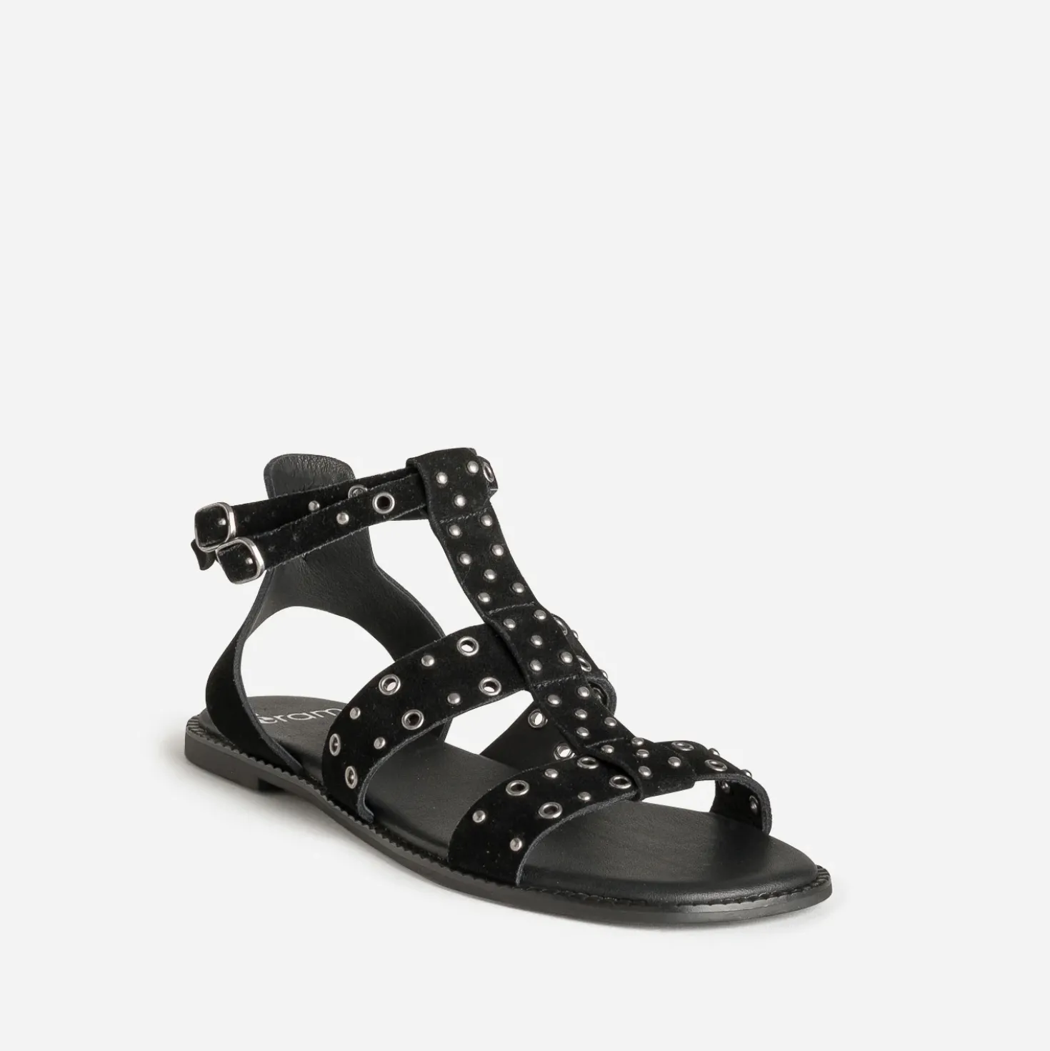 Sandale noire cuir velours œillets et clous