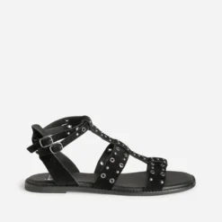 Sandale noire cuir velours œillets et clous