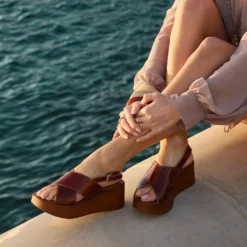 Sandale plateforme cognac cuir