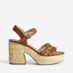 Sandales cognac cuir plateforme tressée