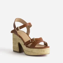 Sandales cognac cuir plateforme tressée