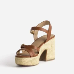 Sandales cognac cuir plateforme tressée