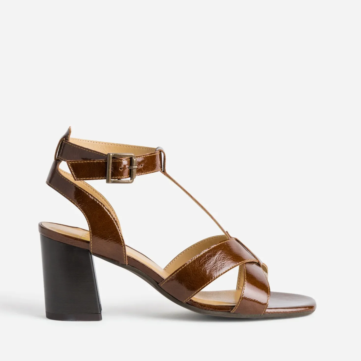 Sandale talon marron cuir verni