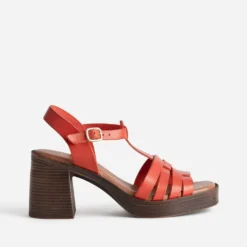 Sandale à talon orange cuir