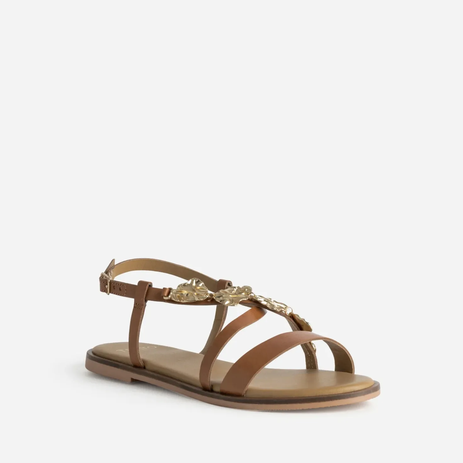 Sandale TEXTO camel cuir décor feuilles