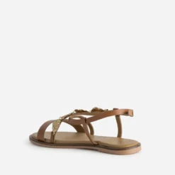 Sandale TEXTO camel cuir décor feuilles