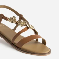 Sandale TEXTO camel cuir décor feuilles