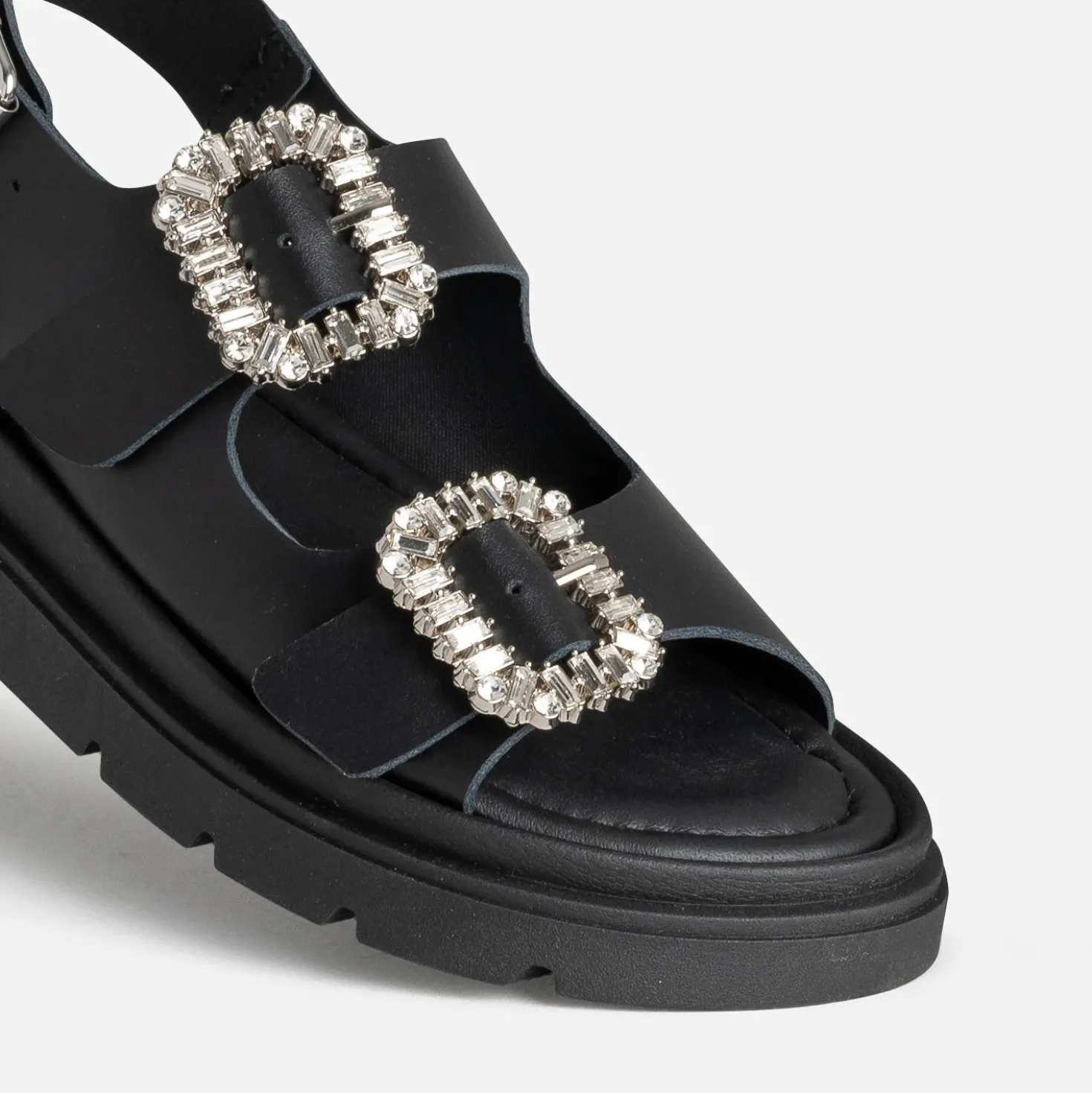 Sandale TEXTO noire cuir boucles strass