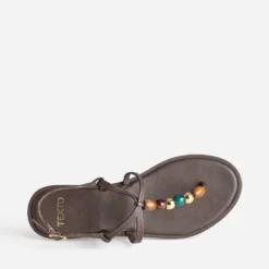 Sandale-tong-bijou TEXTO marron décor perles