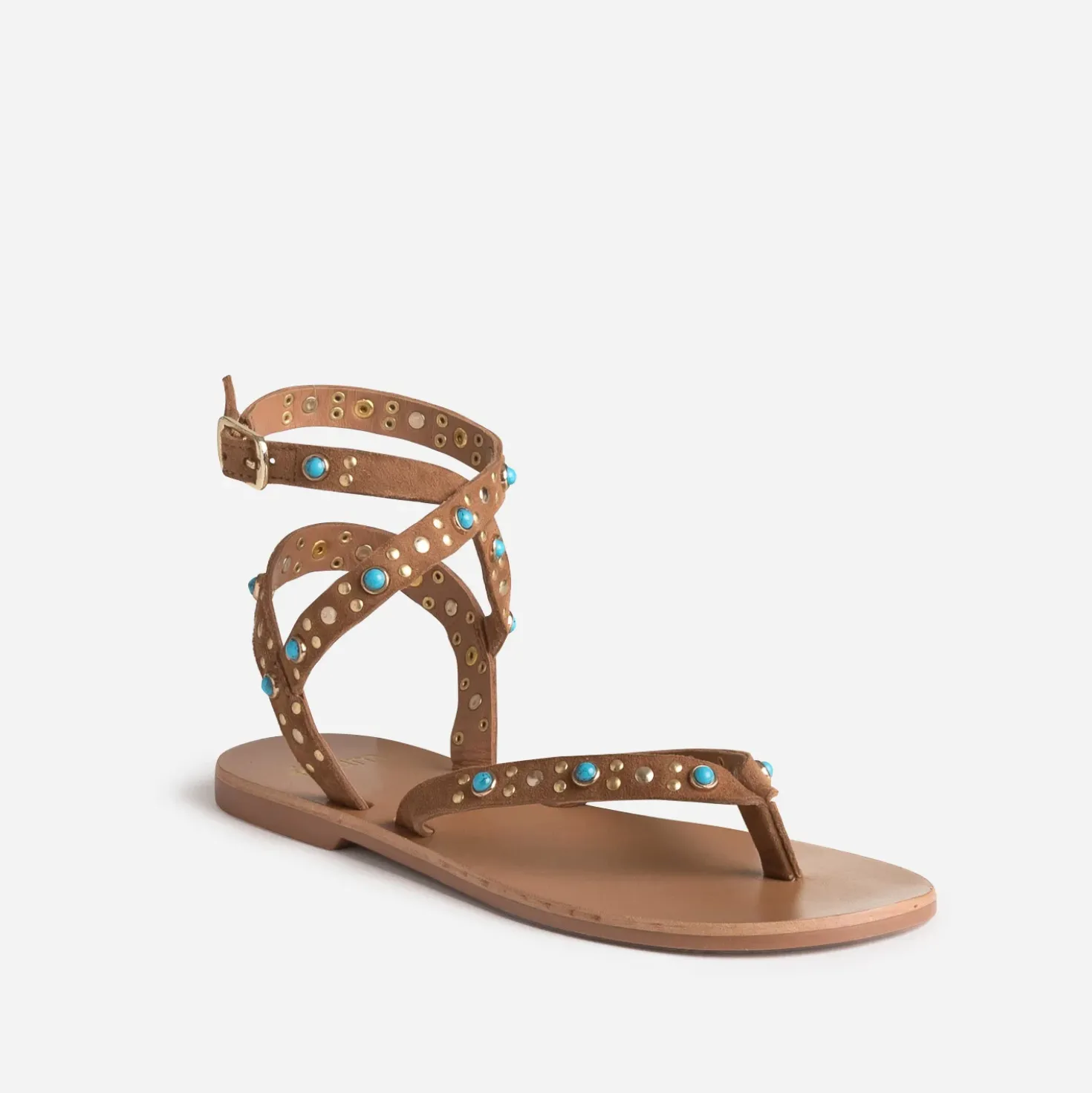 Sandale-tong camel cuir velours décor clous et perles