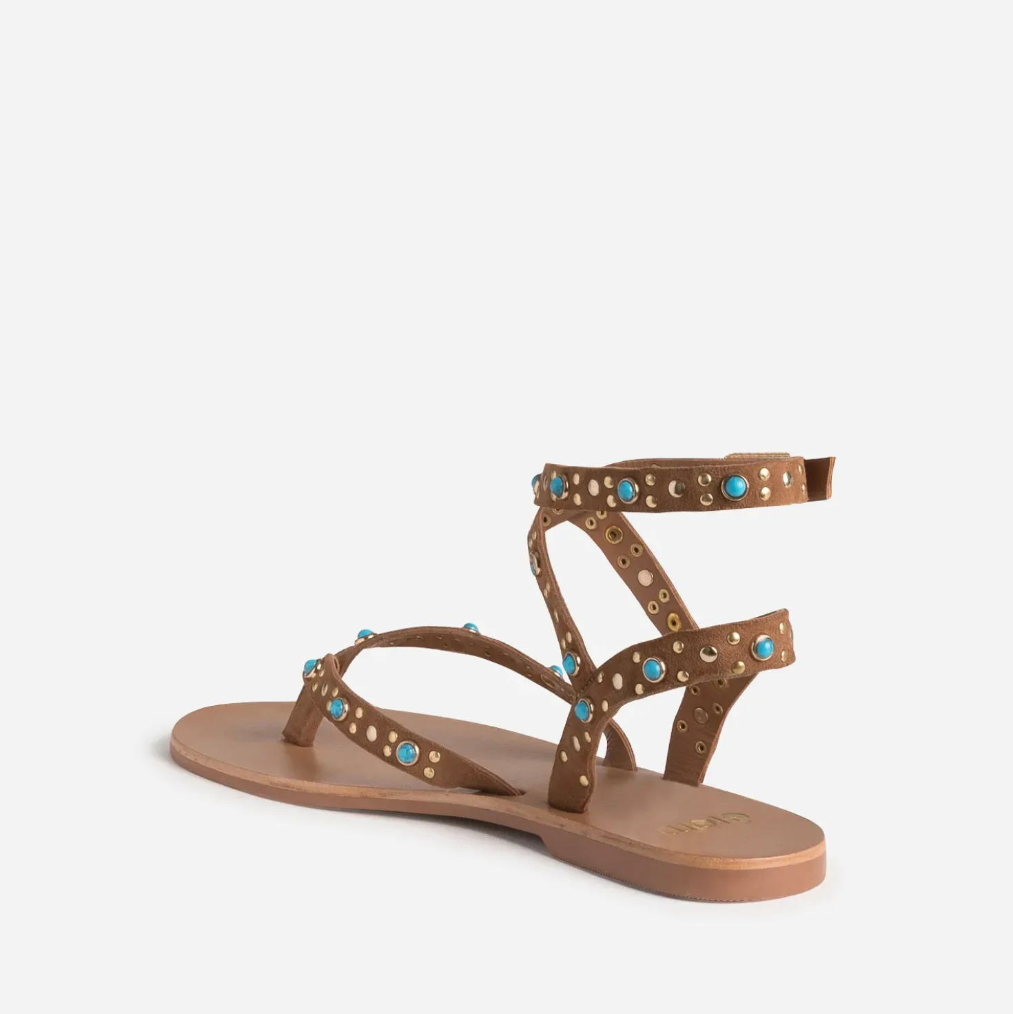 Sandale-tong camel cuir velours décor clous et perles