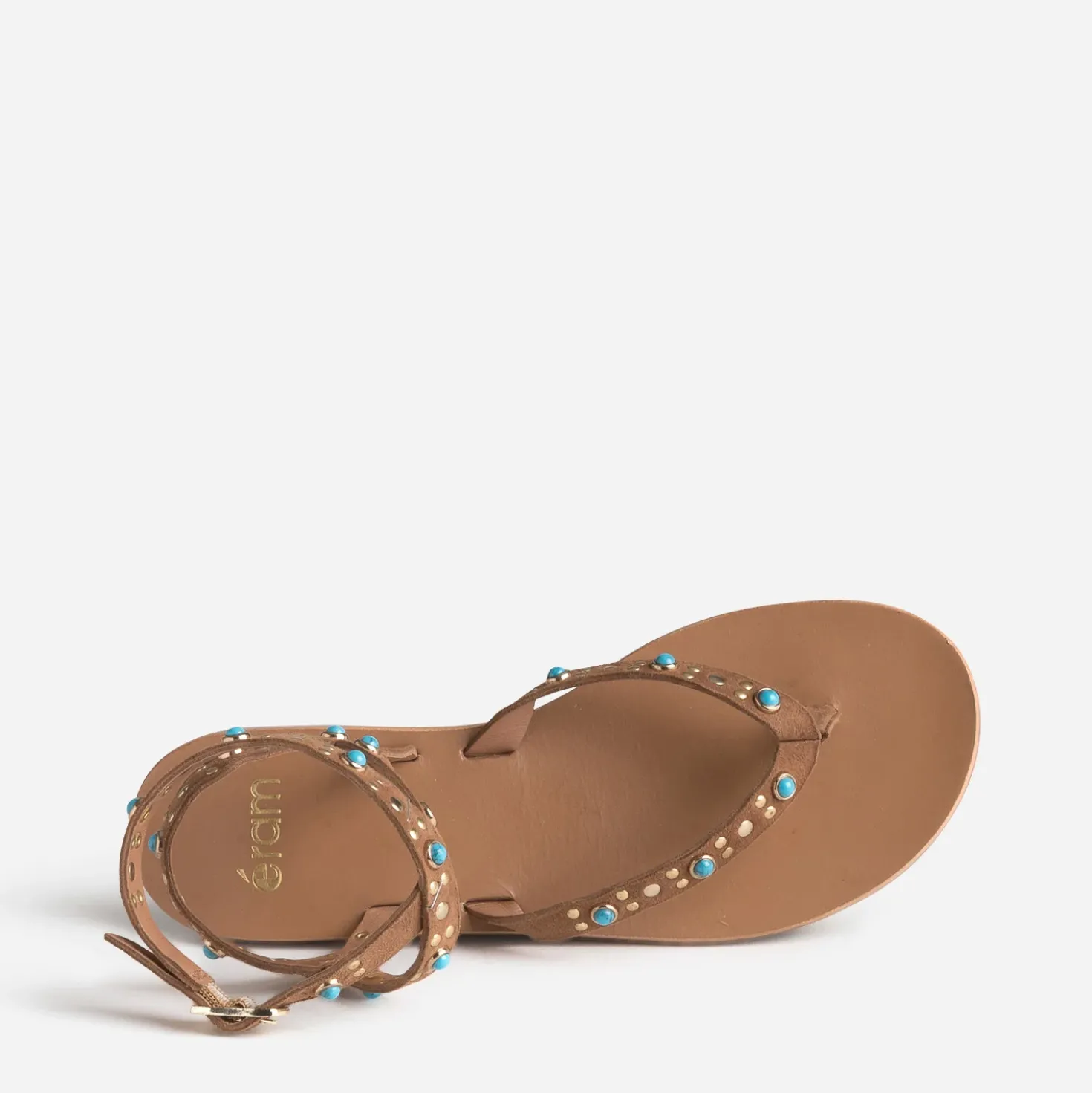 Sandale-tong camel cuir velours décor clous et perles