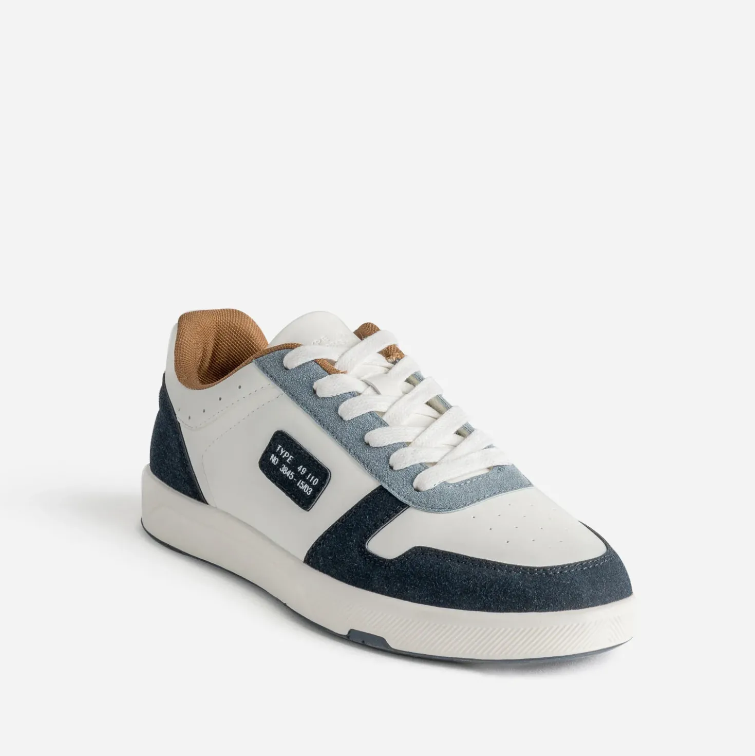 Tennis blanche, marine, bleu et camel