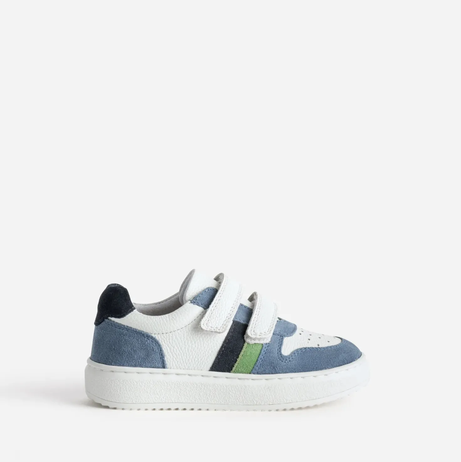 Tennis BUGGY blanc, bleu, vert cuir