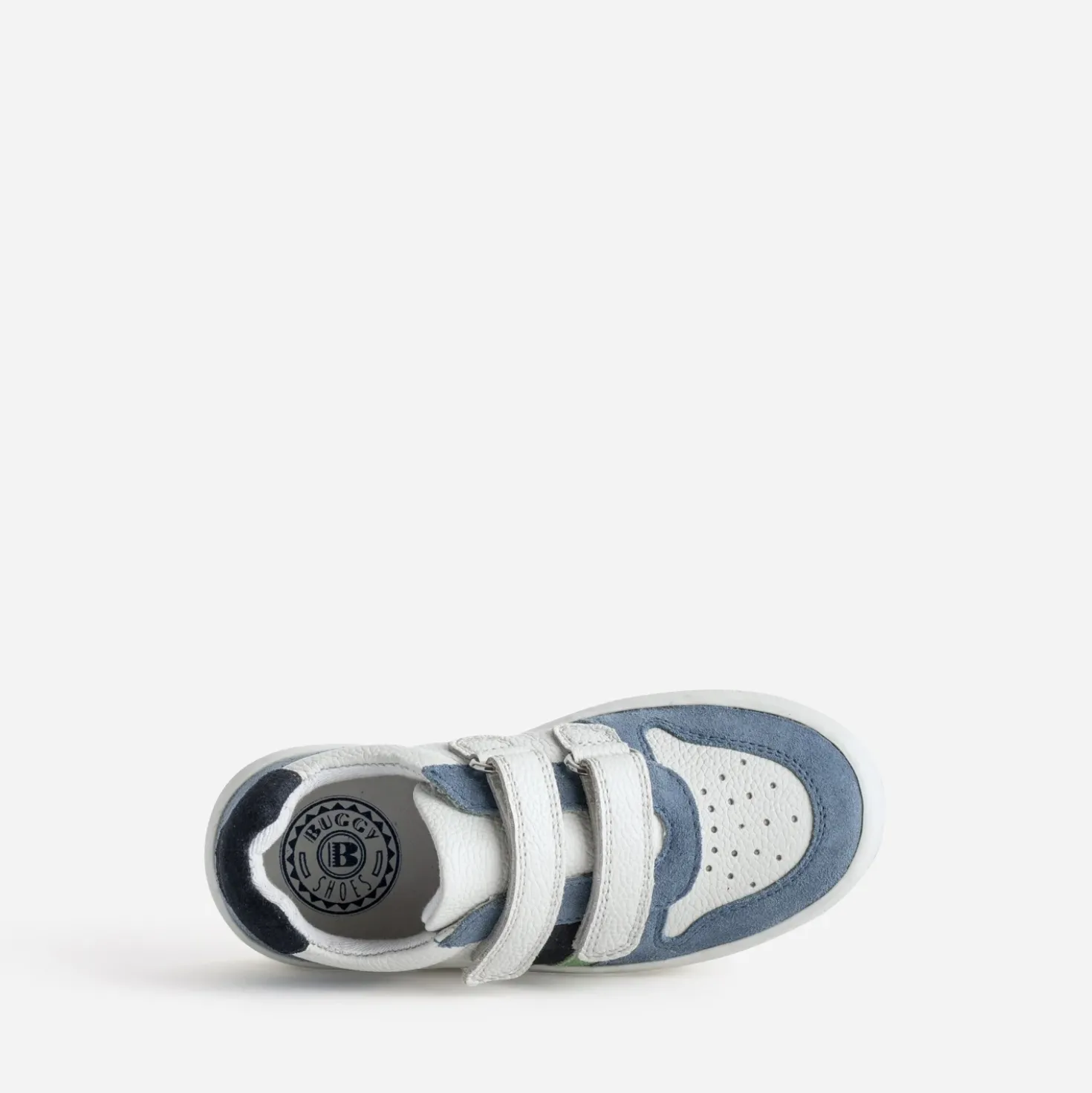Tennis BUGGY blanc, bleu, vert cuir