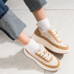 Tennis Dad shoes beige textile carreaux