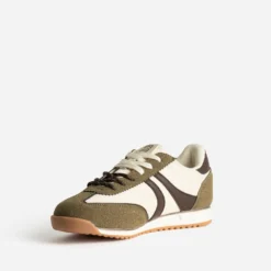 Tennis kaki, écru, marron bi-matière