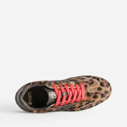 Tennis marron cuir motif léopard lacet rouge