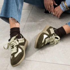 Tennis TEXTO kaki et doré cuir velours