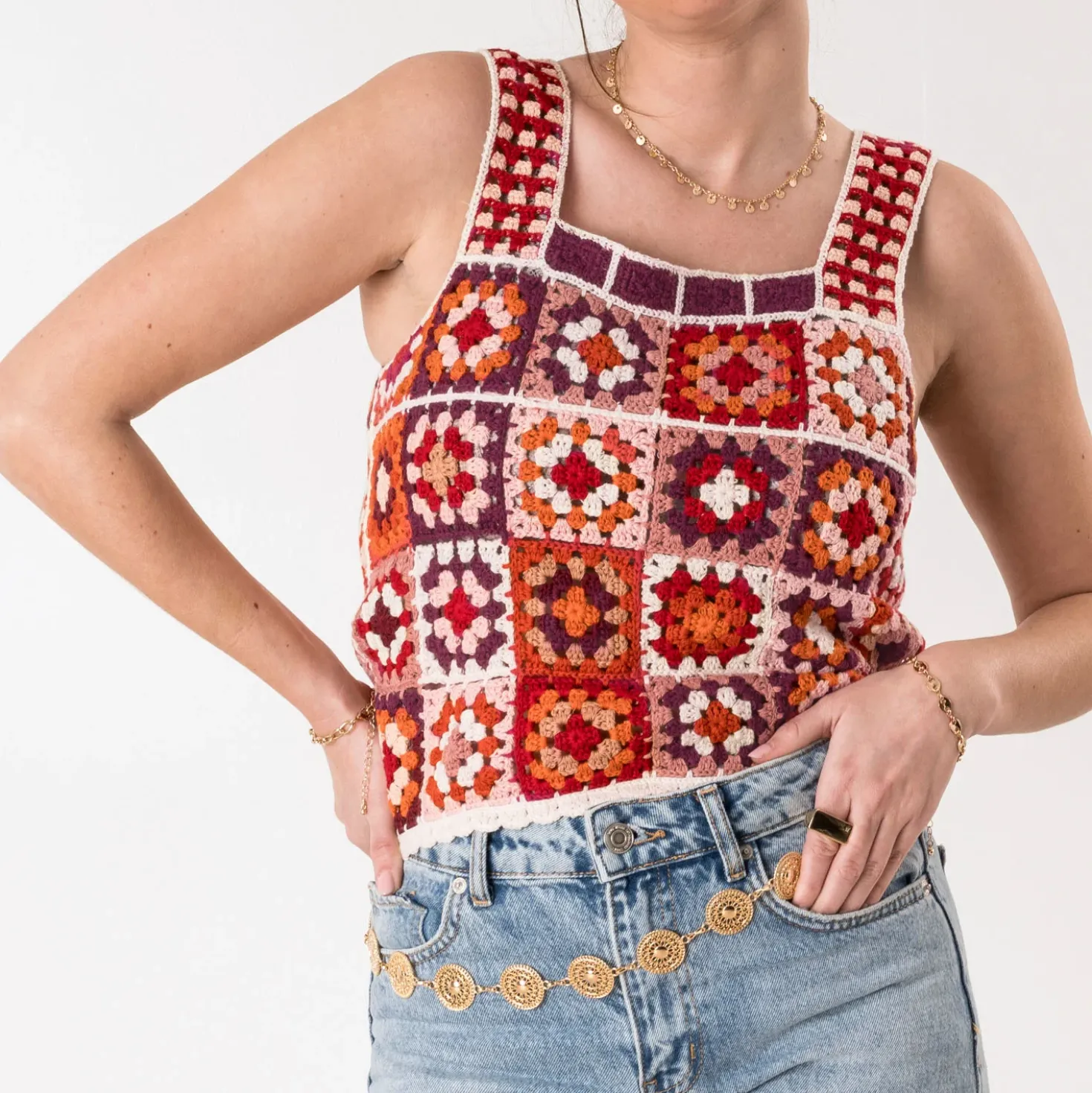 Top TEXTO écru crochet couleur