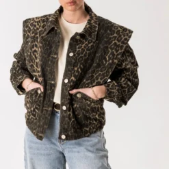 Veste en jean marron imprimé léopard