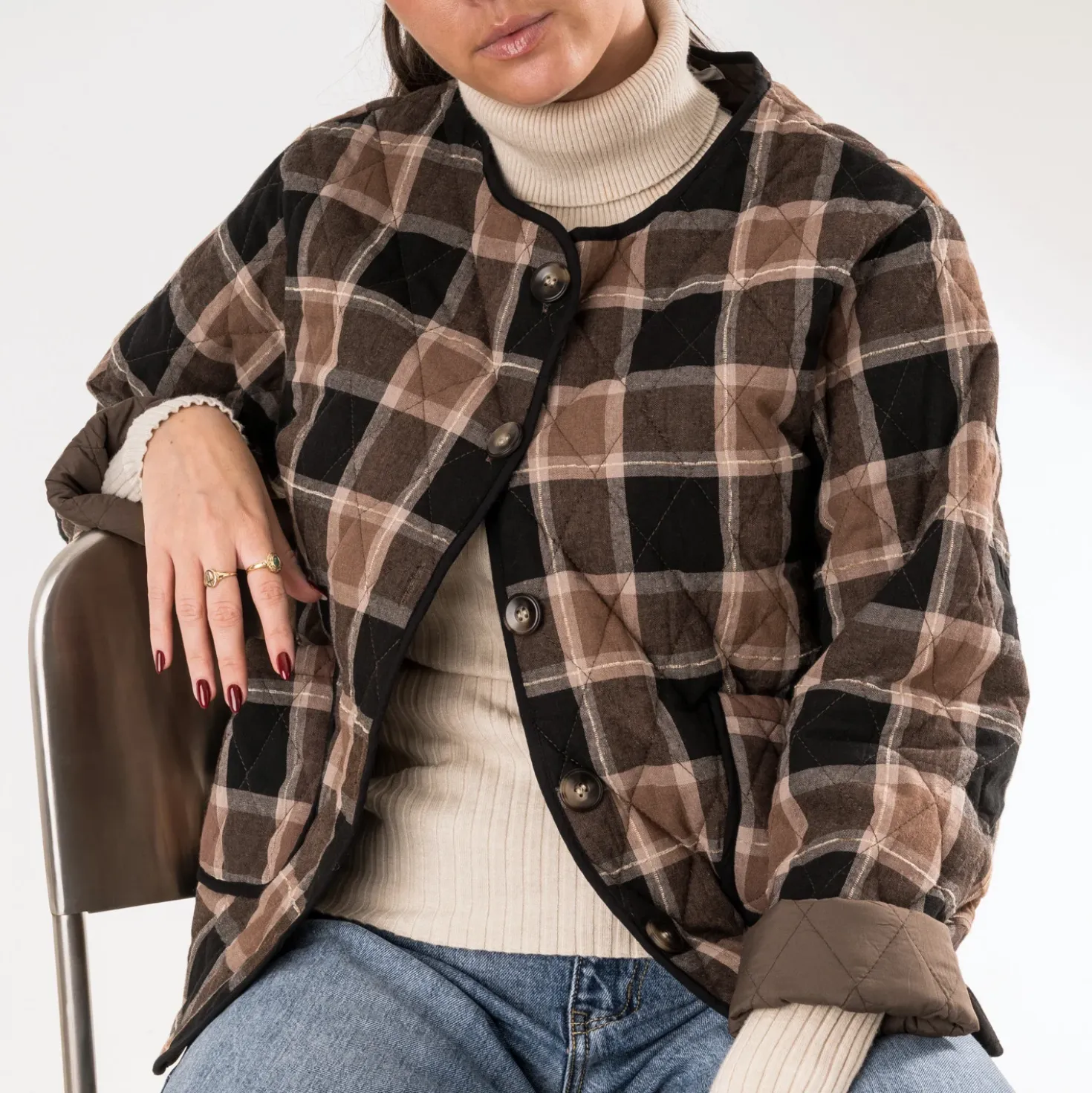 Veste ERAM WEAR camel matelassée motif carreaux